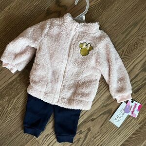 3 pieces set Pink Fuzzy Jacket with Navy Pants and long sleeve top Set